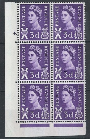 Stamp of Great Britain » Regionals - Scotland 1960 Scotland 3d 2 band cyl 4 dot mint nh block of 6