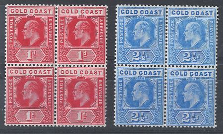 Stamp of Gold Coast 1907 1d and 2½d wmk MCA in mint blocks of 4