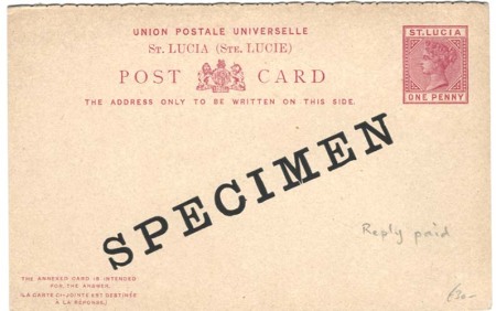 Stamp of St. Lucia 1883 1d + 1d Postal stationery reply card (H&G4) overprinted 'Specimen'