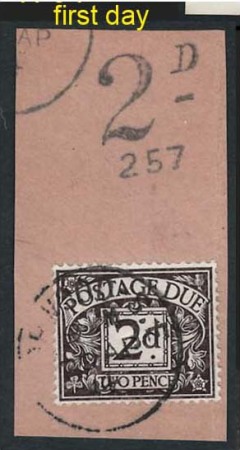 Stamp of Great Britain » Postage Dues 1914 2d Postage Due used on piece tied by first day of issue Norwood 20AP1914 cds