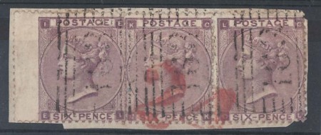 1862 6d deep lilac, three singles on piece tied by large red '24' USA arrival and "163" Greenock numerals