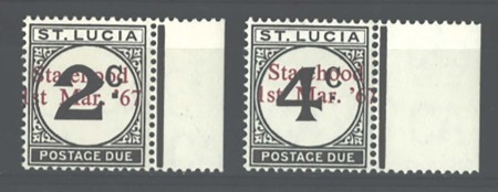 Stamp of St. Lucia 1965 Postage Dues 2c and 4c with red 'Statehood' overprints, mint nh