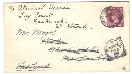 Stamp of Sierra Leone 1899 1d Postal stationery envelope from Freetown to UK