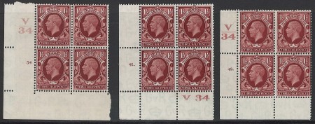 1934 1½d Red-Brown in three mint lower left corner V34 plate blocks of four