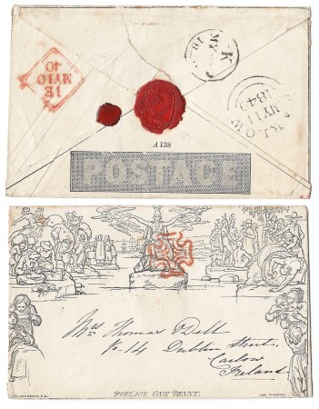 Stamp of Great Britain » 1840 Mulreadys & Caricatures 1840 1d Mulready envelope fine used to Ireland 9th May 40 depart, 11MY Carlow receiver, 10MY (Sunday) transit cat £2600