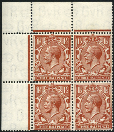 Stamp of Great Britain » King George V » 1924-36 Issues 1924 1½d Red-Brown mint nh top corner marginal block of four showing doubled perfs on left side