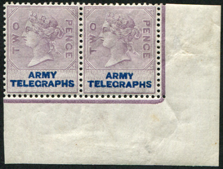 Stamp of Great Britain » Telegraphs 1890s Army Telegraphs 2d blue on purple in mint corner marginal pair