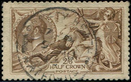 Stamp of Great Britain » King George V » 1913-19 Seahorse Issues 1918 Bradbury Wilkinson 2s6d showing major re-entry (R1/2), used