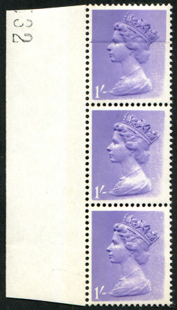 Stamp of Great Britain » Queen Elizabeth II 1967 Machin 1s PVA dramatic dry print inking flaw on vertical strip of three