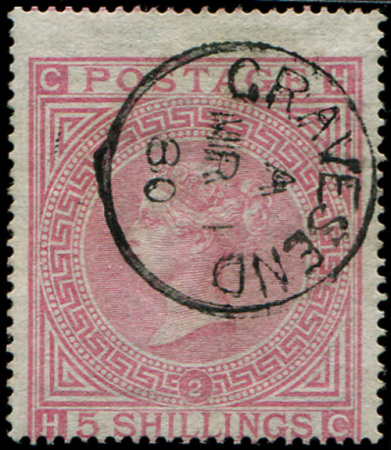 Stamp of Great Britain » 1855-1900 Surface Printed » 1867-83 High Values 1867 5s Pale rose pl.2, used with crisp Gravesend 1880 cds