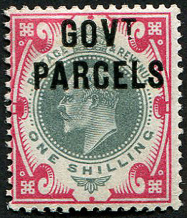 Stamp of Great Britain » Officials Government Parcels: 1902 1s green and carmine Govt Parcels, mint og