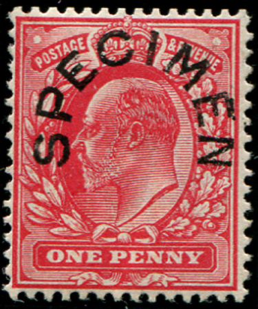 Stamp of Great Britain » King Edward VII » 1902-10 De La Rue Issues 1902 1d Scarlet, wmk inverted, with Specimen type 17 horseshoe overprint, mint nh