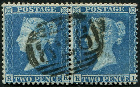 Stamp of Great Britain » 1854-70 Perforated Line Engraved 1854 2d blue plate 5 RK-RL pair single numeral contrary to regulations 826 Usk numeral