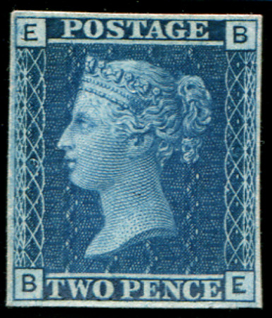Stamp of Great Britain » Line Engraved Essays, Plate Proofs, Colour Trials and Reprints 1867 2d Paris exhibition proof plate 9 BE in blue on soft white card, 4 margins, fresh vivid colour (SG Spec £5'000)
