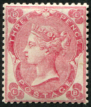 Stamp of Great Britain » 1855-1900 Surface Printed » 1862-64 Small Uncoloured Corner Letters 1865 3d bright carmine-rose fine mint , gum a little redistributed cat £2700
