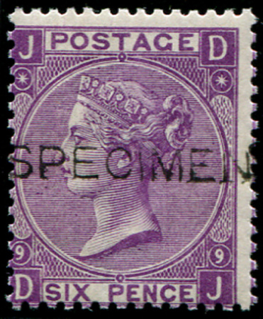 Stamp of Great Britain » 1855-1900 Surface Printed » 1867-80 Large Uncoloured Corner Letters, Wmk Spray of Rose 1867 6d plate 9 ovpt Specimen type 8 unmounted mint