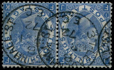 Stamp of Great Britain » 1855-1900 Surface Printed » 1867-80 Large Uncoloured Corner Letters, Wmk Spray of Rose 1867 2s wmk inverted deep blue pair very fine used, crisp Leadenhall St 1872 cds, rare multiple