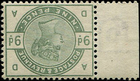 Stamp of Great Britain » 1855-1900 Surface Printed » 1883-84 Lilac & Green Issue 1883 9d wmk sideways inverted unmounted mint side marginal, lovely colour, rare in this quality, Hendon cert