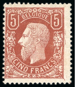 Stamp of Belgium » Belgique. 1869-83 Nouveaux types et nouvelles valeurs (COB 26-37) 1878, 5fr rouge-brun neuf *, pli horizontal de gomme