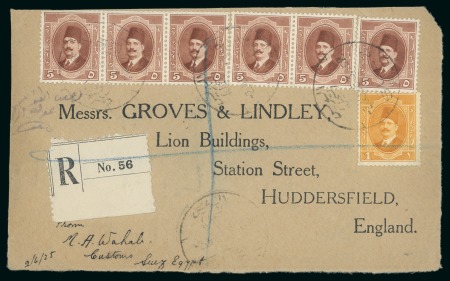 120m. booklet: 5m red-brown, strip of three and a pair both from a booklet pane of six, on front sent registered