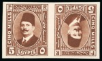 Stamp of Egypt » Booklets » King Fouad - The Second Portrait Issue (Nile Post SB10-SB11) 210m. booklet: 5m red-brown, horizontal tête-bêche pair, imperforate showing Royal "cancelled" on reverse