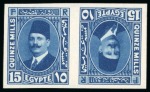 Stamp of Egypt » Booklets » King Fouad - The Second Portrait Issue (Nile Post SB10-SB11) 210m. booklet: 15m ultramarine, horizontal tête-bêche pair, imperforate showing Royal "cancelled" on reverse