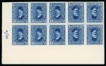 210m. booklet: 5m, 10m and 15m ultramarine, horizontal tête-bêche corner sheet marginal control blocks of ten with Royal "Cancelled" backs