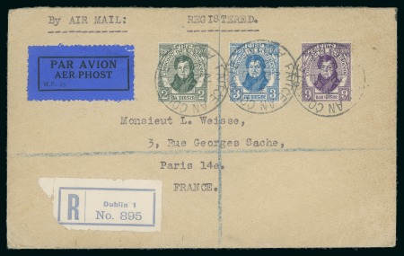 Stamp of Ireland » 1950-Date Commemoratives 1929 (22.9) Daniel O'Connell set neatly tied by First Cancel, on registered airmail cover