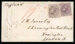 1869 Envelope to London franked 1860-63 9d dull purple and 1d purple brown tied by 'B64' obliterator