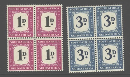 Stamp of South Africa 1948 1d and 3d Postage Dues in mint nh blocks of 4