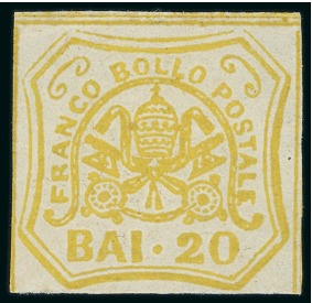 Stamp of Italian States » <mark>Papal</mark> States 1858, 20 b. yellow, unissued, uncancelled without gum