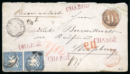 Stamp of German States » Wurttemberg 1867 (Jan 26). 9kr brown stationery envelope to France with 1865 6kr dark blue pair