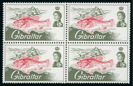 Stamp of Gibraltar 1966 Sea Angling Championships 7d mint n.h. block of four with variety black omitted 