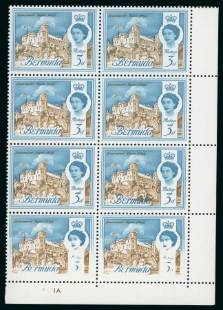 1962-68 Government House 3d yellow brown and light blue mint n.h. block of 8 with dry print at foot