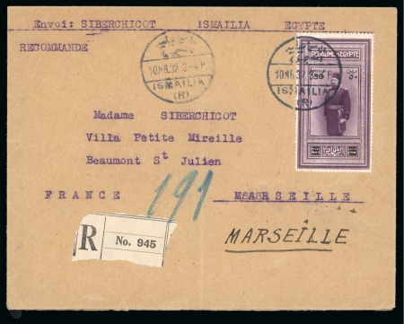 1932 50m on 50pi on envelope sent registered to France tied by Ismailia 10 MR 32 cds with reg'n label below