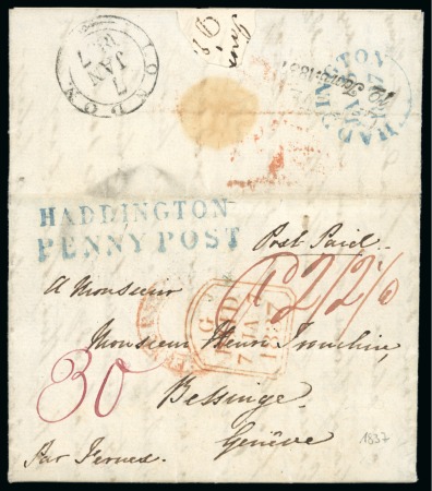 Stamp of Great Britain » Postal History » Pre-Adhesive & Stampless 1837 GREAT BRITAIN SWITZERLAND GENEVA Haddington Penny Post to Geneve