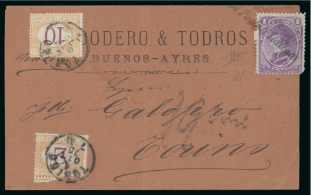 1875 Printed matter rate cover from Buenos Aires to Italy, 1873 1c and Italian postage dues