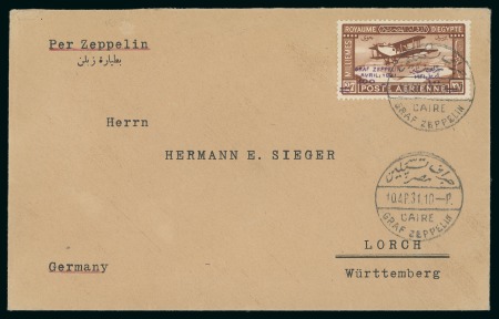 Stamp of Egypt » Commemoratives 1914-1953 1931 Zeppelin 100m on 27m tied to 1931 (Apr 10) Zeppelin flight cover to Germany and incoming Zeppelin flight cover from Germany