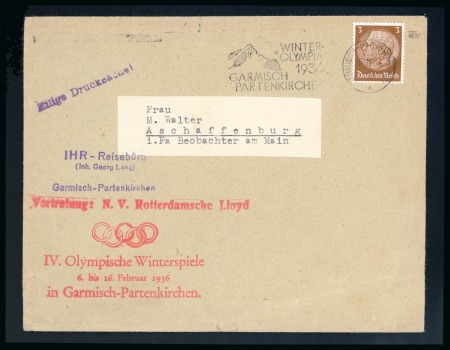 Stamp of Germany » German Empire 1938 OLYMPICS GERMAN EMPIRE printed matter envelope  with Garmisch roller pmk & Rotterdam'sche Lloyd Olympic cachet in red