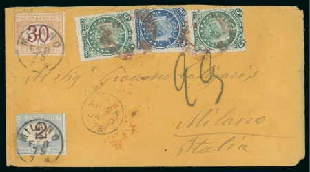 1875 Cover to Milan with Eleven Stars 5c (2) & 50c in combination with Italian postage dues