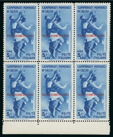 Stamp of Italy » Aegean Islands 1934 ITALY AEGEAN ISLANDS football WCS 20c & 5 +2.50l in MNH margin blocks of 6