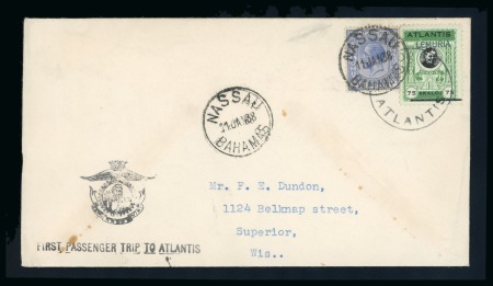 Stamp of Bahamas Bahamas 1938 2 1/2d definitive tied to cover by NASSAU cds already franked by phantasma stamp of Atlantis to USA