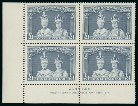 1932 Lyre Bird 1s green and 1938 Robes 5s, 10s and £1 in mint marginal blocks of four with John Ash printer's imprint