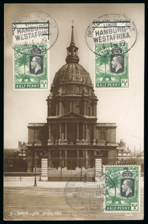 Stamp of Gambia 1929 GAMBIA ppc franked Gambia definitives 1/2c (3) bearing DEUTSCHE SEEPOST LINIE HAMBURG WESTAFRIKA XXXI to German Empire