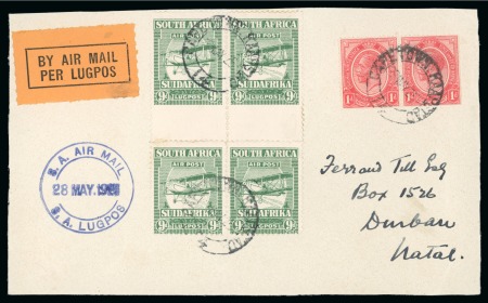 Stamp of South Africa » Union & Republic of South Africa 1925 9d Airmail lower marginal pair with variety imperf. at foot on cover front