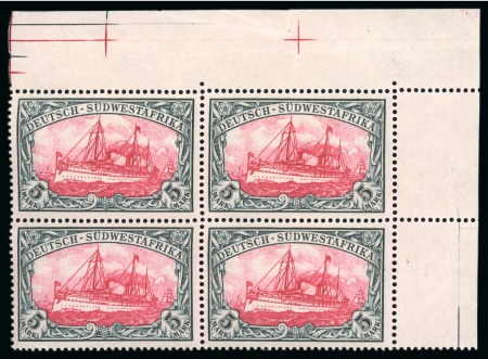 German South West Africa: 1901 Yacht 5M in mint n.h. top right corner marginal block of four