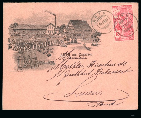 1900 SCHWEIZ SWITZERLAND rosalila Kuvert mit Firmenansicht der Destillerie Fischlin in Arth m. 10rp UPU