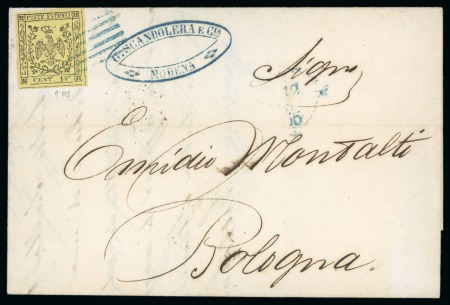 Stamp of Italian States » Modena 1852 ITALY MODENA 5c and 15c (crown partly missing), each on folded letter