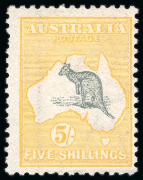 Stamp of Australia » Commonwealth of Australia 1913-14 5/- grey and yellow,  variety white flaw NSW