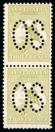 Officials: 1913 3d olive, die I and II, large "OS" perfin, mint vertical pair